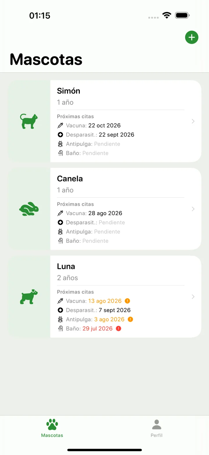 Lista de mascotas con sus próximos cuidados y fechas importantes